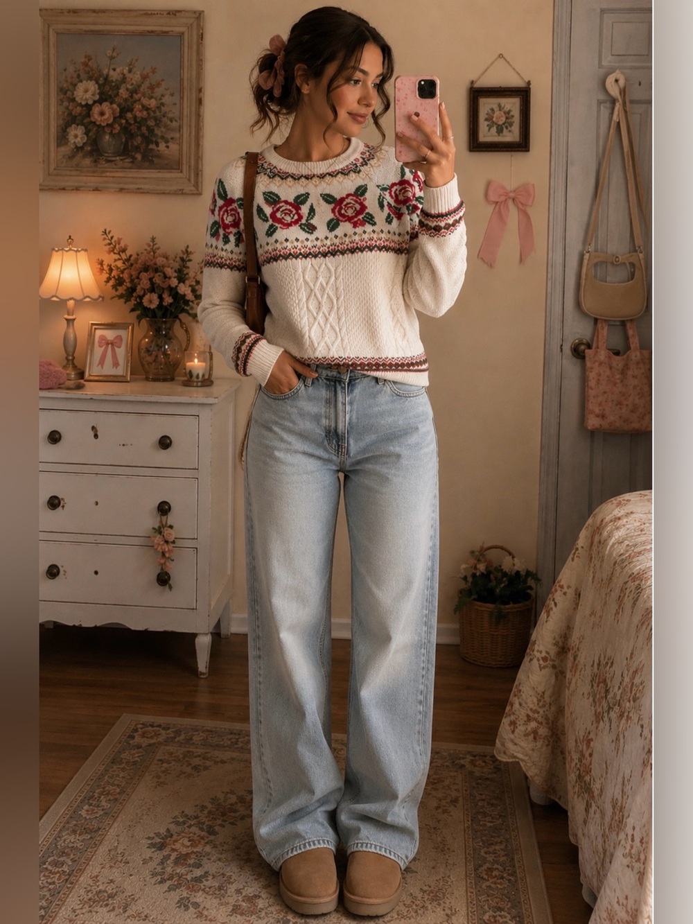 Mossimo Floral Cable Knit Sweater Rose Fair Isle Cottagecore XS